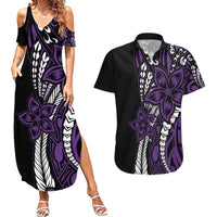 Polynesian Plumeria Floral Tattoo Pattern Couples Matching Summer Maxi Dress and Hawaiian Shirt Purple Style