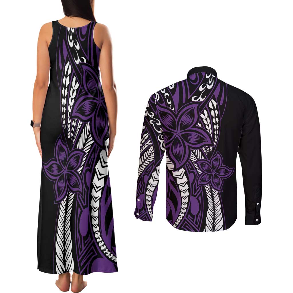 Polynesian Plumeria Floral Tattoo Pattern Couples Matching Tank Maxi Dress and Long Sleeve Button Shirt Purple Style
