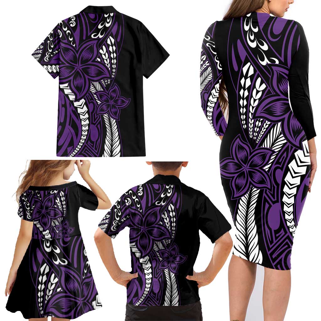Polynesian Plumeria Floral Tattoo Pattern Family Matching Long Sleeve Bodycon Dress and Hawaiian Shirt Purple Style LT9 - Polynesian Pride