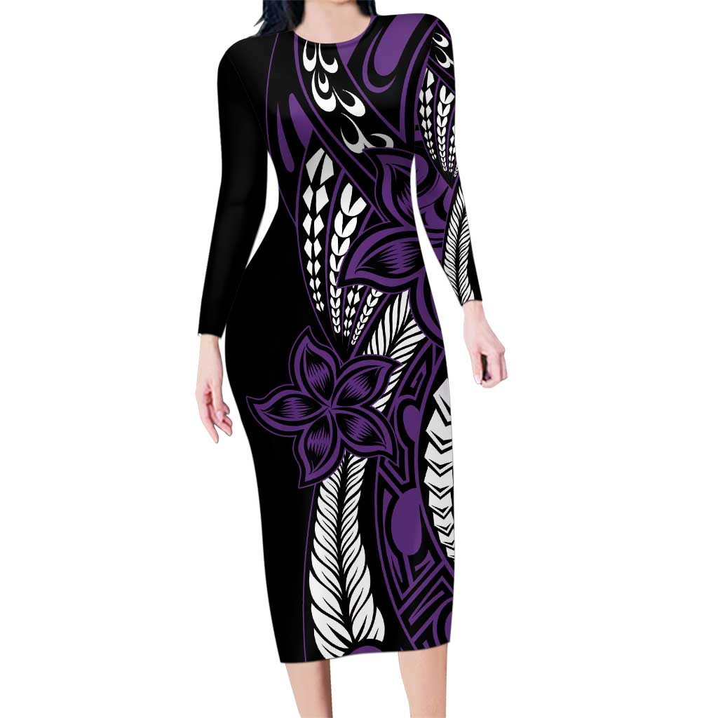 Polynesian Plumeria Floral Tattoo Pattern Family Matching Long Sleeve Bodycon Dress and Hawaiian Shirt Purple Style LT9 Mom's Dress Purple - Polynesian Pride