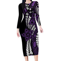 Polynesian Plumeria Floral Tattoo Pattern Family Matching Long Sleeve Bodycon Dress and Hawaiian Shirt Purple Style LT9 Mom's Dress Purple - Polynesian Pride