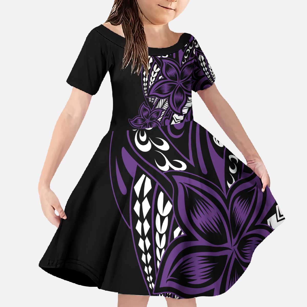 Polynesian Plumeria Floral Tattoo Pattern Family Matching Off The Shoulder Long Sleeve Dress and Hawaiian Shirt Purple Style LT9 Daughter's Dress Purple - Polynesian Pride