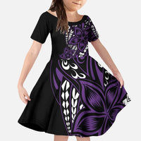 Polynesian Plumeria Floral Tattoo Pattern Family Matching Off The Shoulder Long Sleeve Dress and Hawaiian Shirt Purple Style LT9 Daughter's Dress Purple - Polynesian Pride