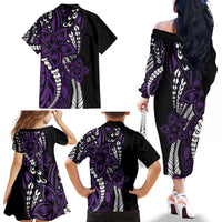 Polynesian Plumeria Floral Tattoo Pattern Family Matching Off The Shoulder Long Sleeve Dress and Hawaiian Shirt Purple Style LT9 - Polynesian Pride