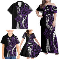 Polynesian Plumeria Floral Tattoo Pattern Family Matching Off Shoulder Maxi Dress and Hawaiian Shirt Purple Style LT9 - Polynesian Pride