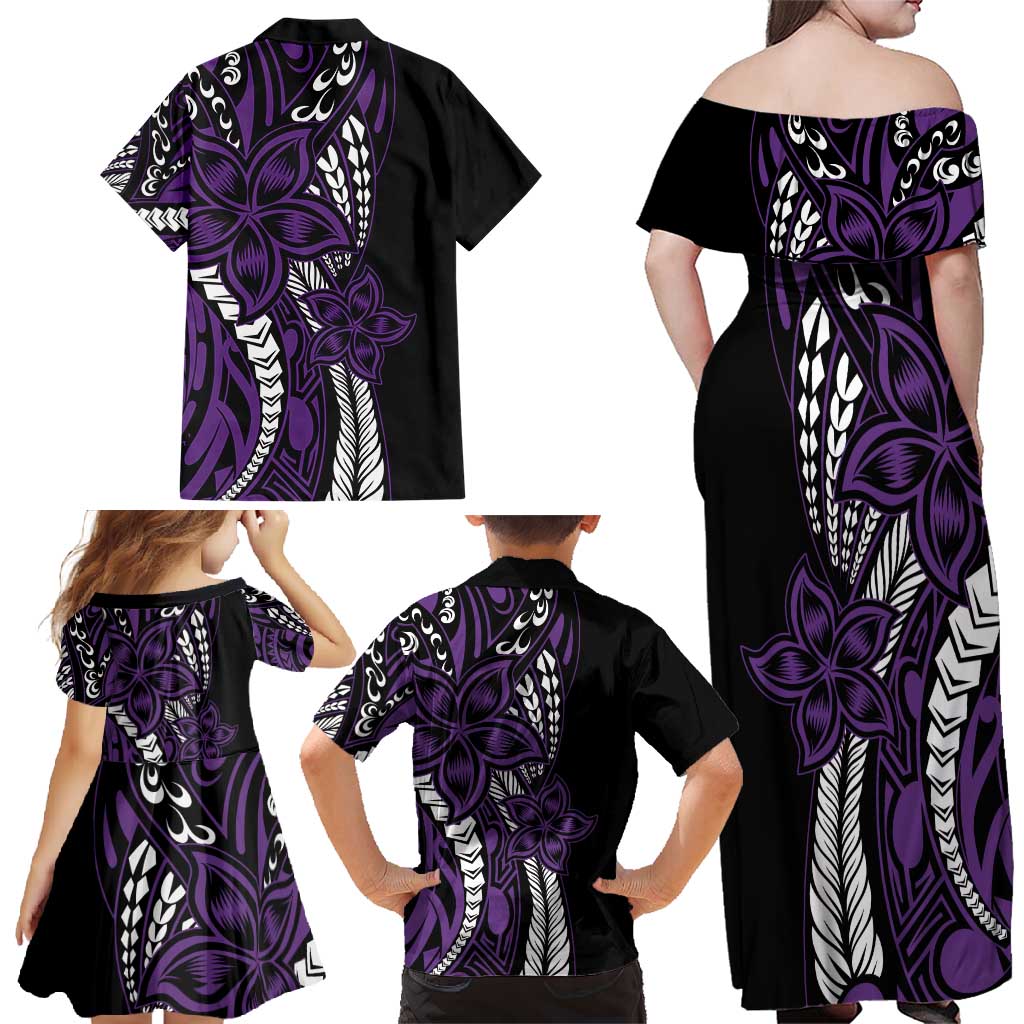 Polynesian Plumeria Floral Tattoo Pattern Family Matching Off Shoulder Maxi Dress and Hawaiian Shirt Purple Style LT9 - Polynesian Pride