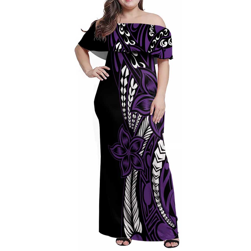Polynesian Plumeria Floral Tattoo Pattern Family Matching Off Shoulder Maxi Dress and Hawaiian Shirt Purple Style LT9 Mom's Dress Purple - Polynesian Pride