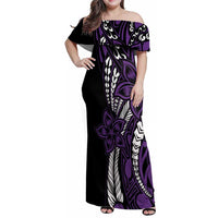 Polynesian Plumeria Floral Tattoo Pattern Family Matching Off Shoulder Maxi Dress and Hawaiian Shirt Purple Style LT9 Mom's Dress Purple - Polynesian Pride