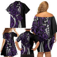 Polynesian Plumeria Floral Tattoo Pattern Family Matching Off Shoulder Short Dress and Hawaiian Shirt Purple Style LT9 - Polynesian Pride