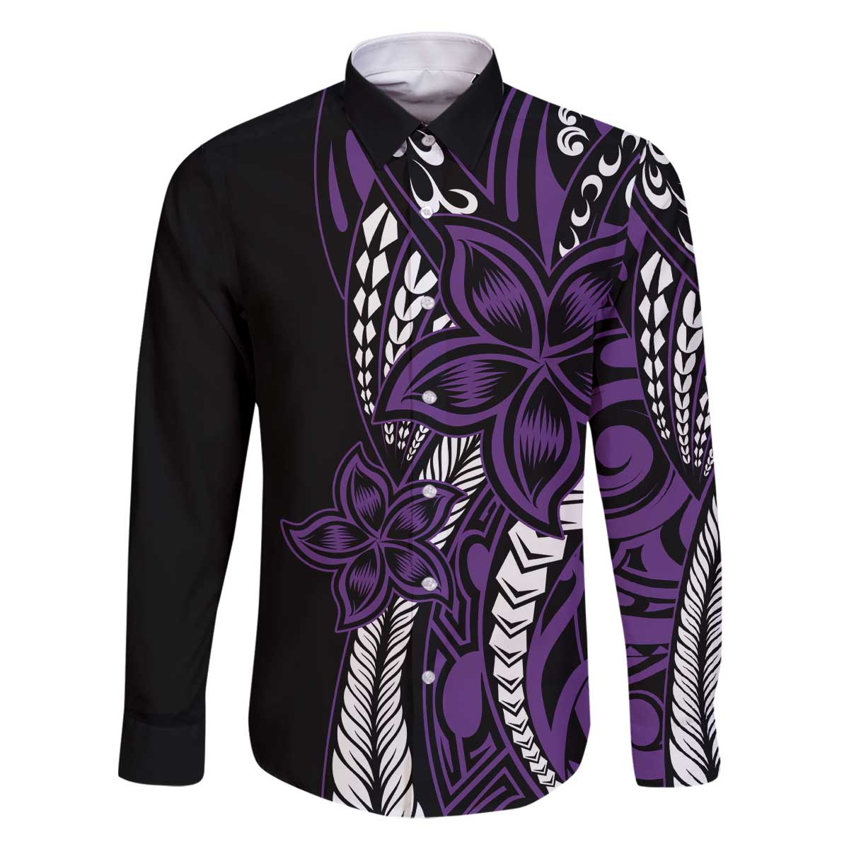 Polynesian Plumeria Floral Tattoo Pattern Family Matching Off Shoulder Short Dress and Hawaiian Shirt Purple Style LT9 Dad's Shirt - Long Sleeve Purple - Polynesian Pride