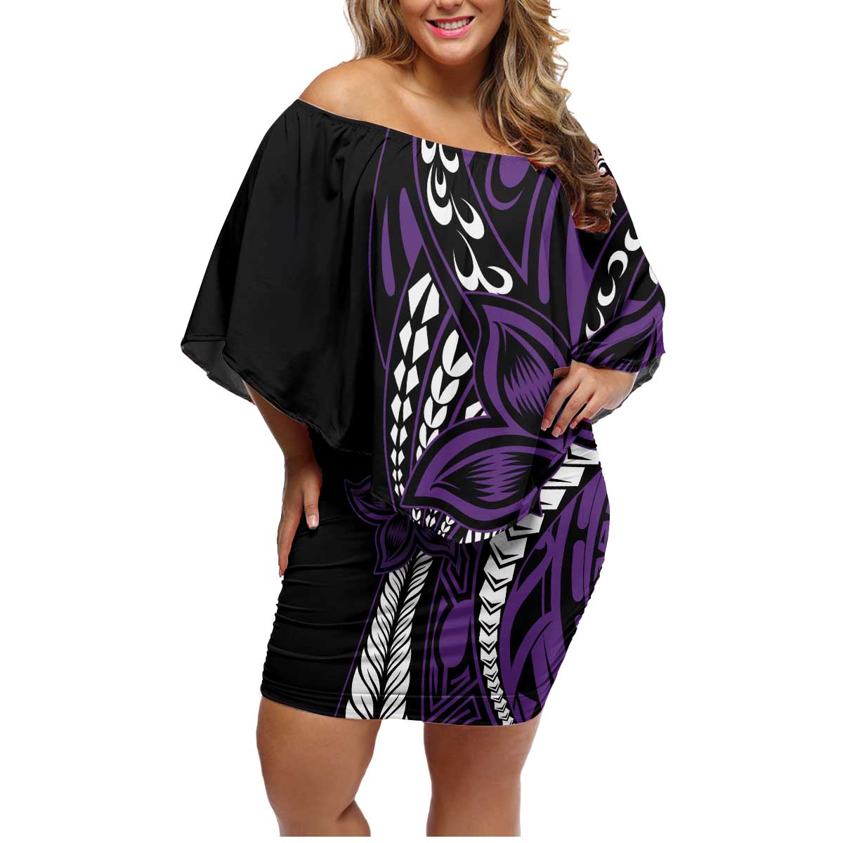 Polynesian Plumeria Floral Tattoo Pattern Family Matching Off Shoulder Short Dress and Hawaiian Shirt Purple Style LT9 Mom's Dress Purple - Polynesian Pride