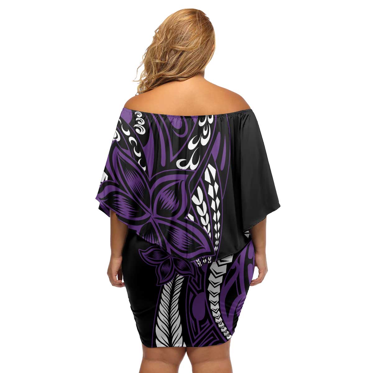 Polynesian Plumeria Floral Tattoo Pattern Family Matching Off Shoulder Short Dress and Hawaiian Shirt Purple Style LT9 - Polynesian Pride