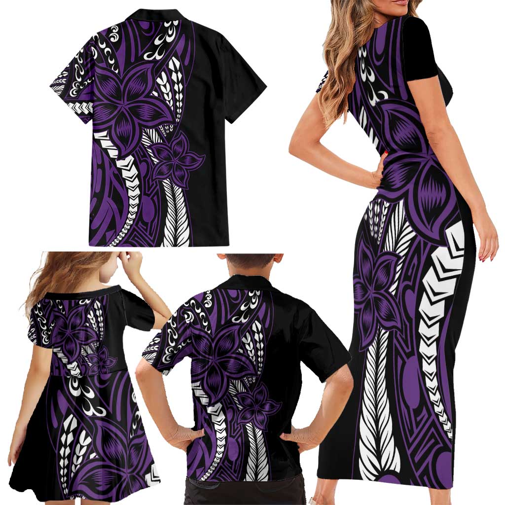 Polynesian Plumeria Floral Tattoo Pattern Family Matching Short Sleeve Bodycon Dress and Hawaiian Shirt Purple Style LT9 - Polynesian Pride