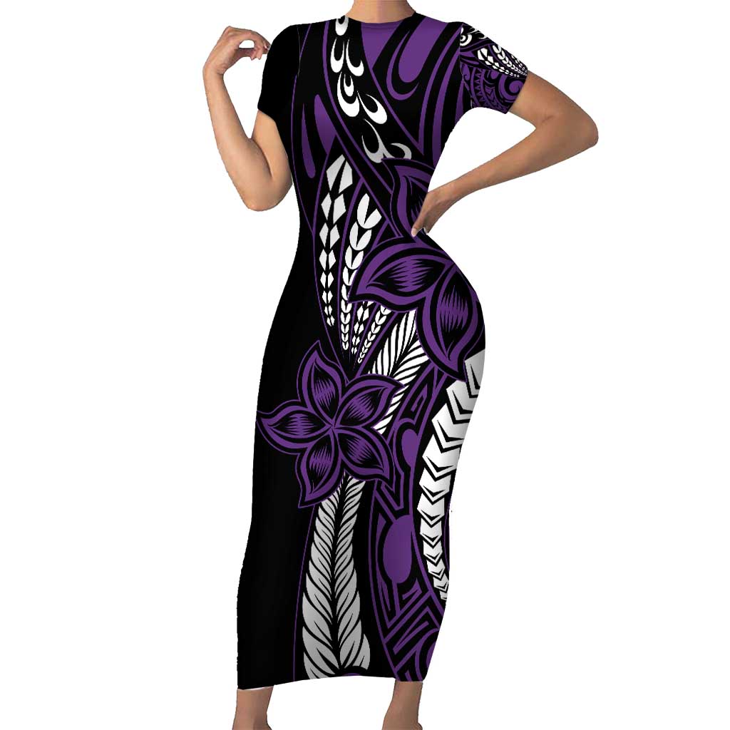 Polynesian Plumeria Floral Tattoo Pattern Family Matching Short Sleeve Bodycon Dress and Hawaiian Shirt Purple Style LT9 Mom's Dress Purple - Polynesian Pride