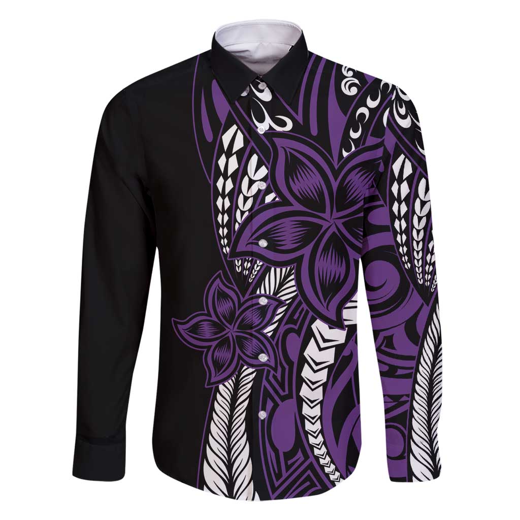 Polynesian Plumeria Floral Tattoo Pattern Family Matching Summer Maxi Dress and Hawaiian Shirt Purple Style LT9 Dad's Shirt - Long Sleeve Purple - Polynesian Pride