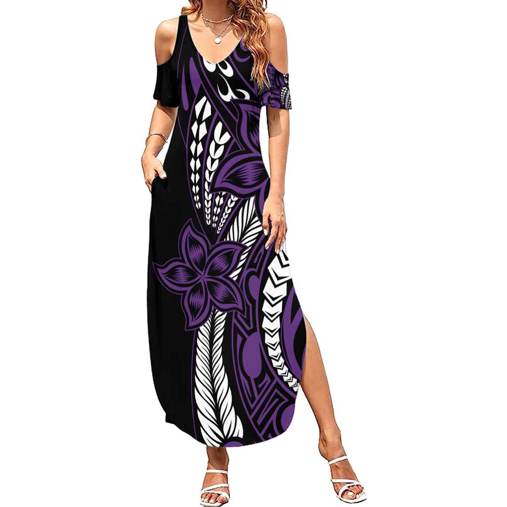 Polynesian Plumeria Floral Tattoo Pattern Family Matching Summer Maxi Dress and Hawaiian Shirt Purple Style LT9 Mom's Dress Purple - Polynesian Pride
