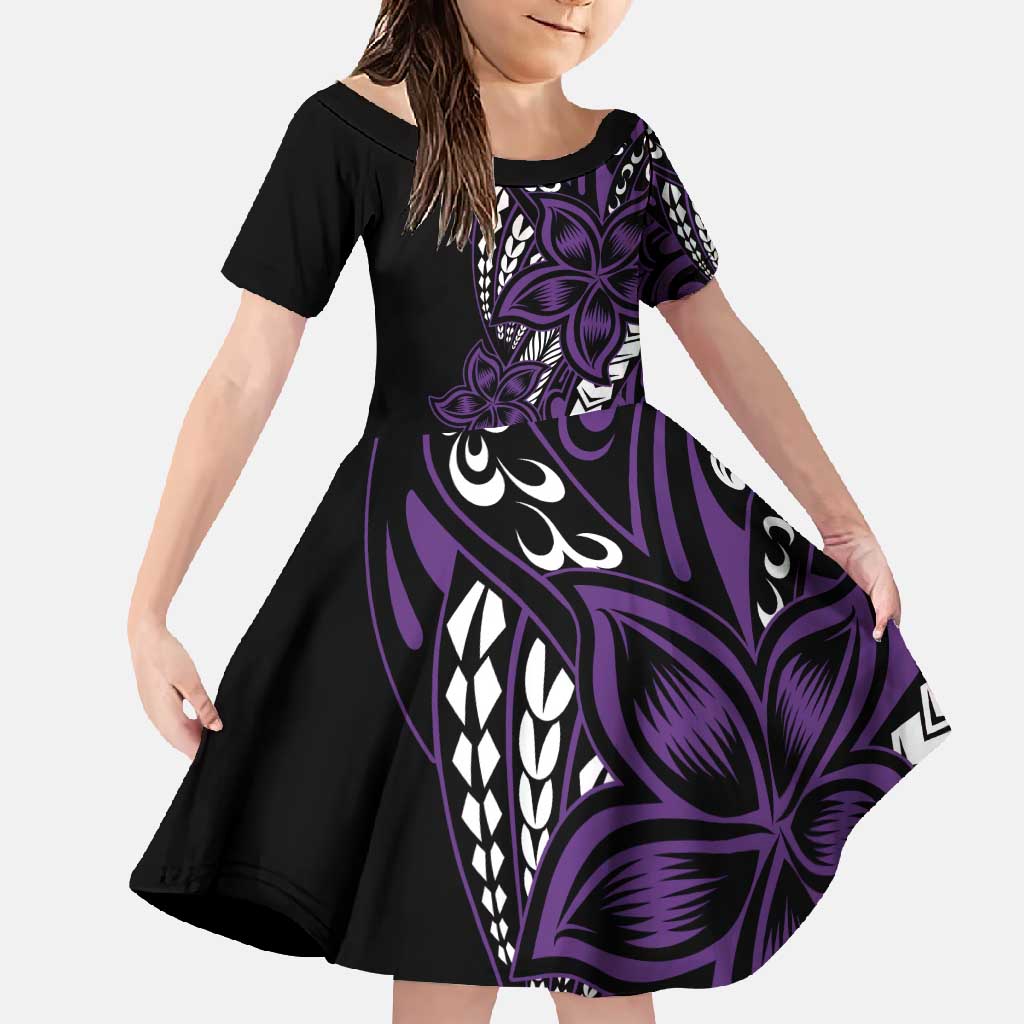 Polynesian Plumeria Floral Tattoo Pattern Family Matching Tank Maxi Dress and Hawaiian Shirt Purple Style LT9 Daughter's Dress Purple - Polynesian Pride