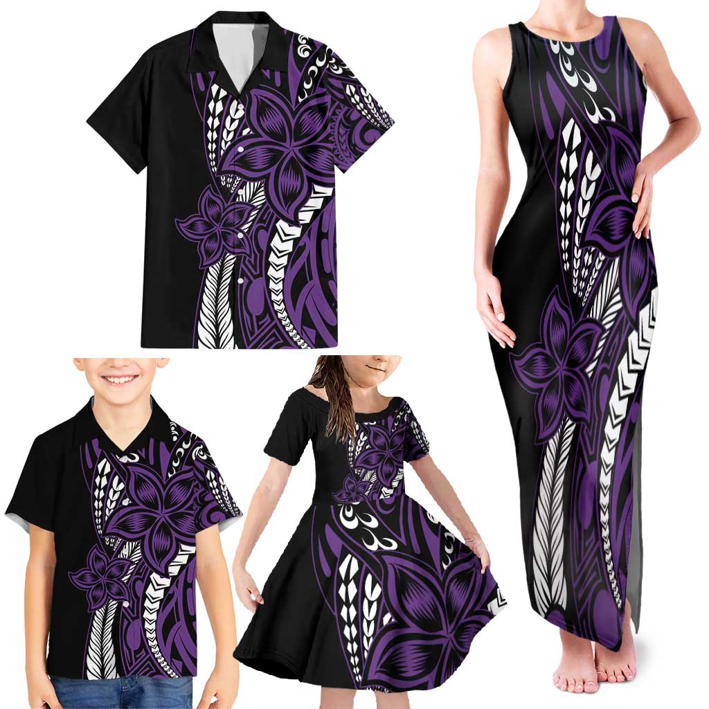Polynesian Plumeria Floral Tattoo Pattern Family Matching Tank Maxi Dress and Hawaiian Shirt Purple Style LT9 - Polynesian Pride