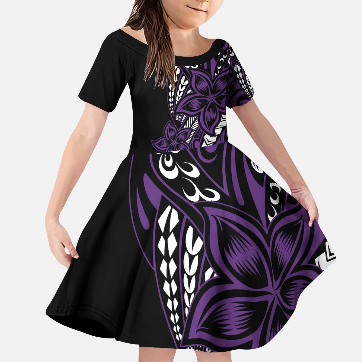 Polynesian Plumeria Floral Tattoo Pattern Kid Short Sleeve Dress Purple Style LT9 KID Purple - Polynesian Pride