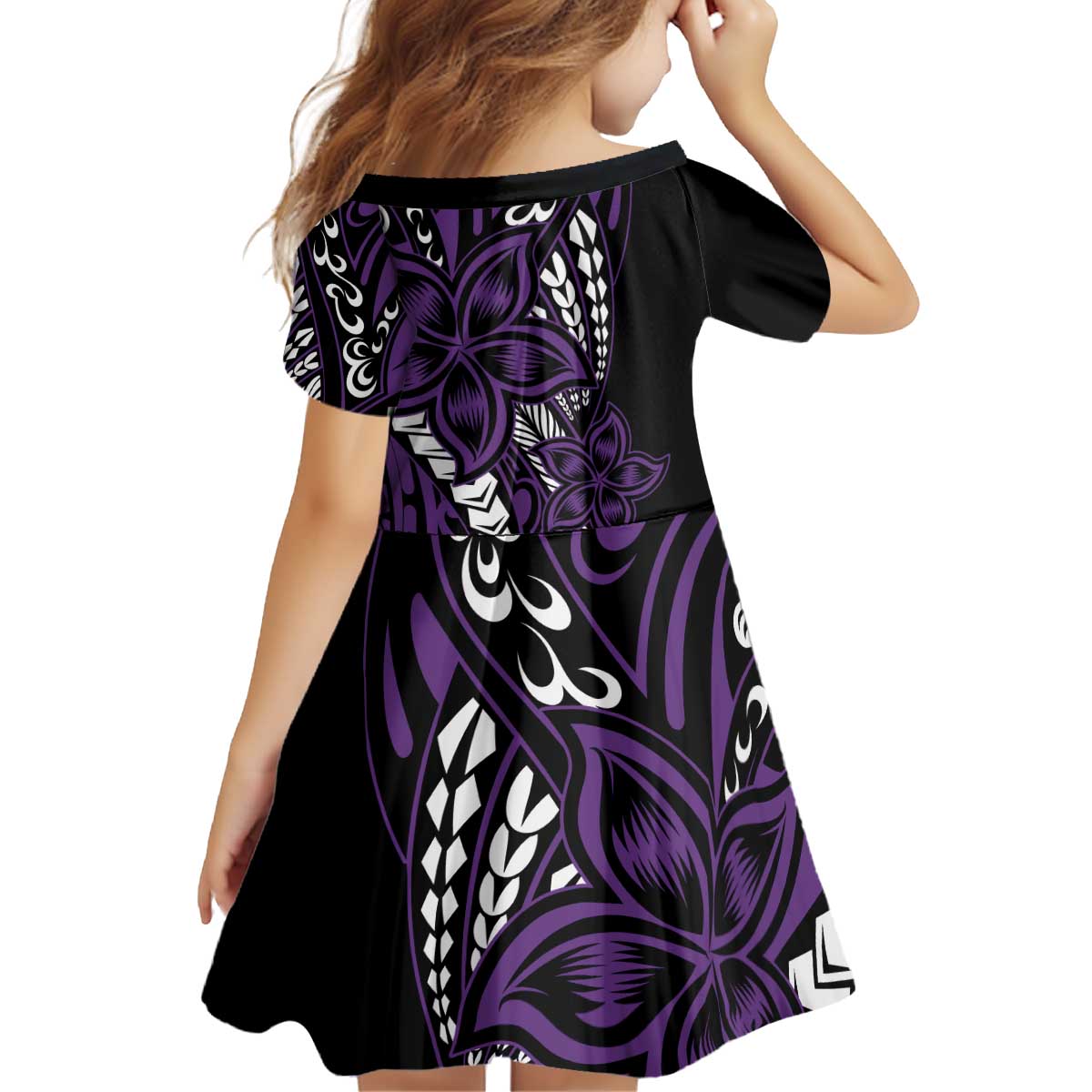 Polynesian Plumeria Floral Tattoo Pattern Kid Short Sleeve Dress Purple Style