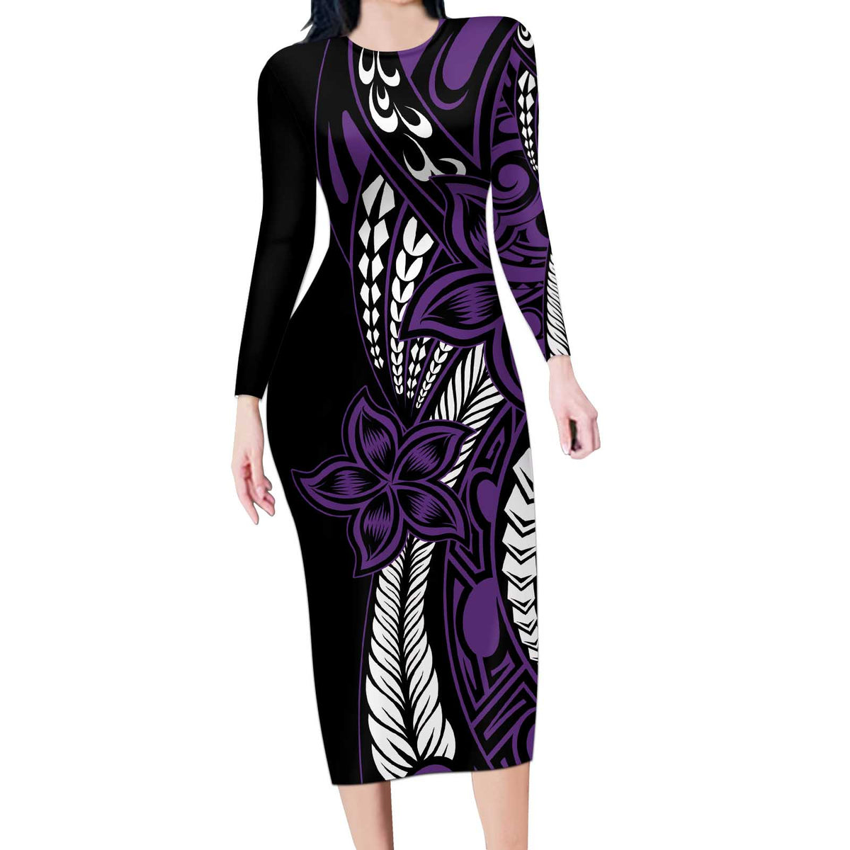 Polynesian Plumeria Floral Tattoo Pattern Long Sleeve Bodycon Dress Purple Style LT9 Long Dress Purple - Polynesian Pride