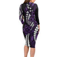 Polynesian Plumeria Floral Tattoo Pattern Long Sleeve Bodycon Dress Purple Style LT9 - Polynesian Pride
