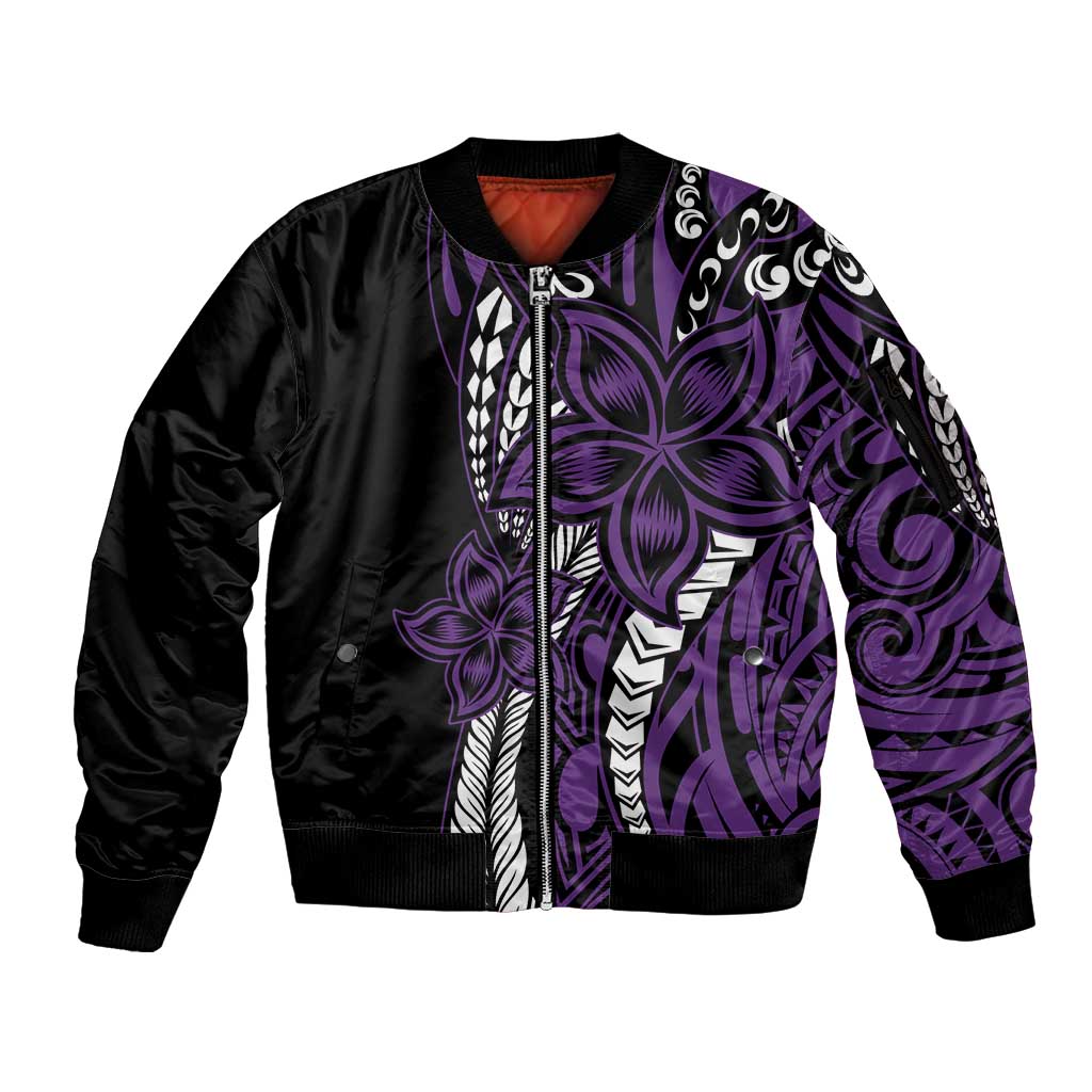 Polynesian Plumeria Floral Tattoo Pattern Sleeve Zip Bomber Jacket Purple Style LT9 Unisex Purple - Polynesian Pride