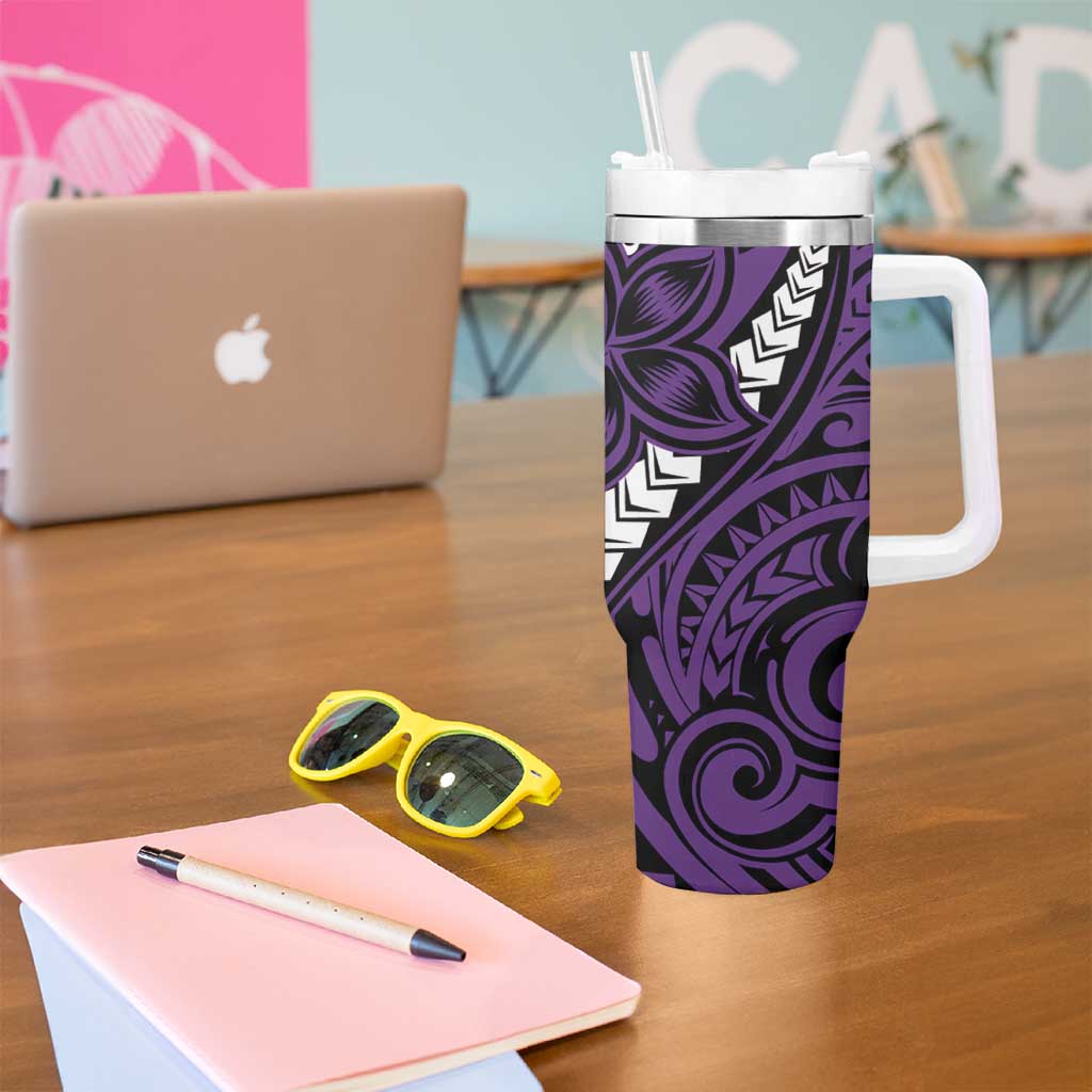Polynesian Plumeria Floral Tattoo Pattern Tumbler With Handle Purple Style