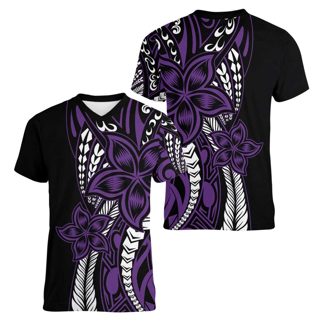 Polynesian Plumeria Floral Tattoo Pattern Women V-Neck T-Shirt Purple Style