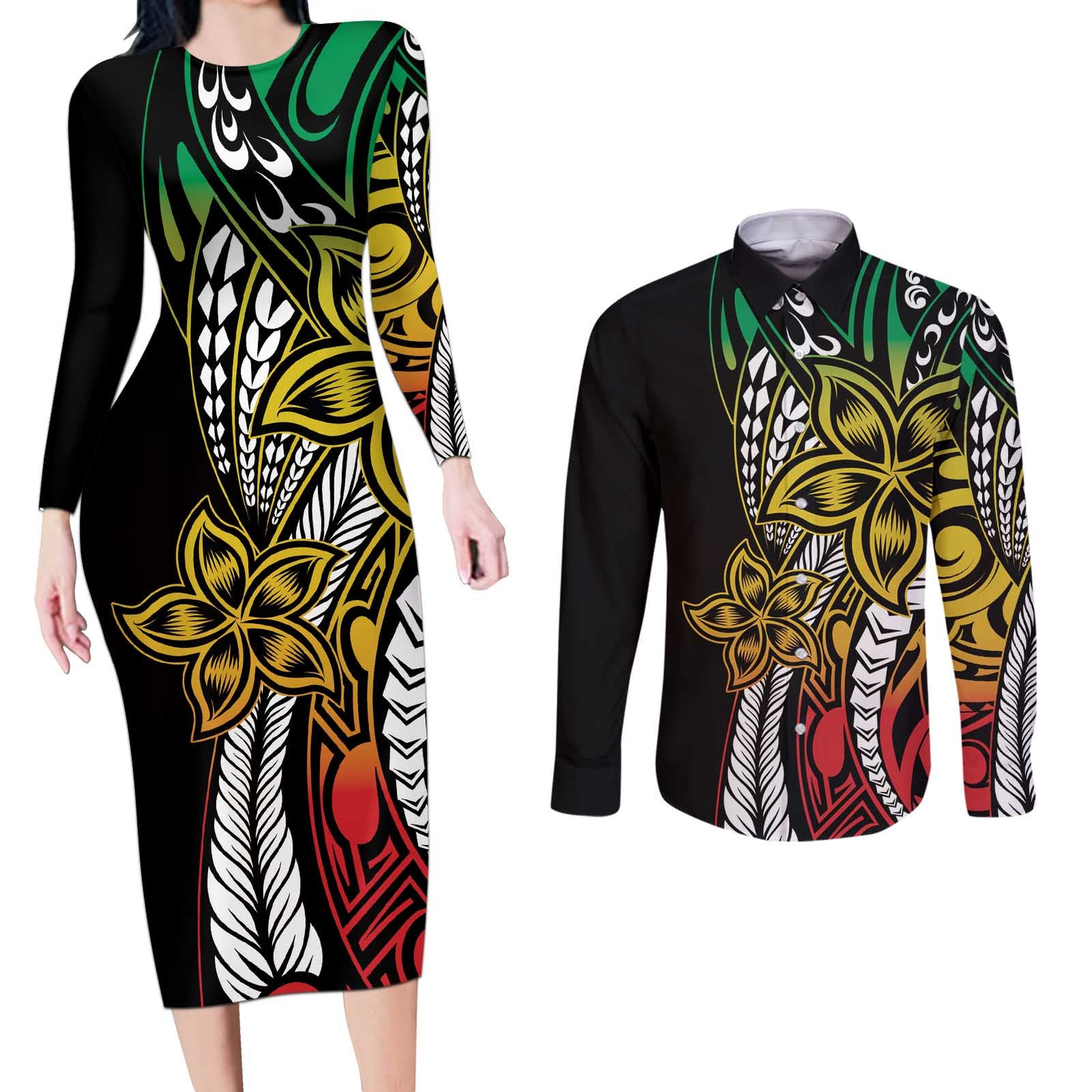 Polynesian Plumeria Floral Tattoo Pattern Couples Matching Long Sleeve Bodycon Dress and Long Sleeve Button Shirt Reggae Style