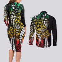 Polynesian Plumeria Floral Tattoo Pattern Couples Matching Long Sleeve Bodycon Dress and Long Sleeve Button Shirt Reggae Style
