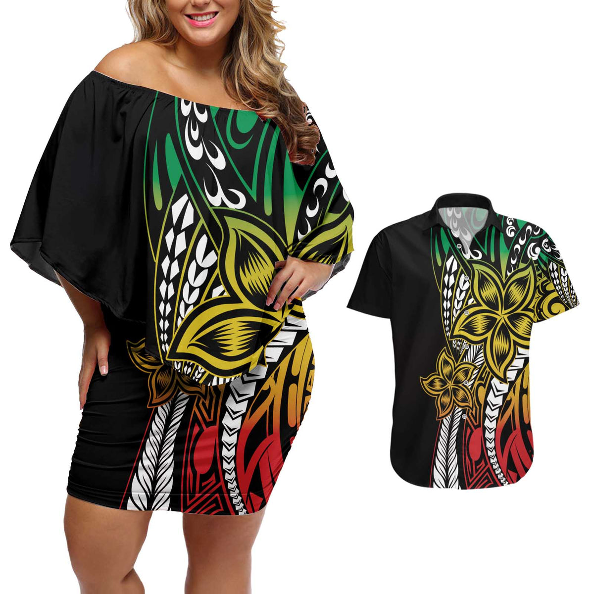 Polynesian Plumeria Floral Tattoo Pattern Couples Matching Off Shoulder Short Dress and Hawaiian Shirt Reggae Style
