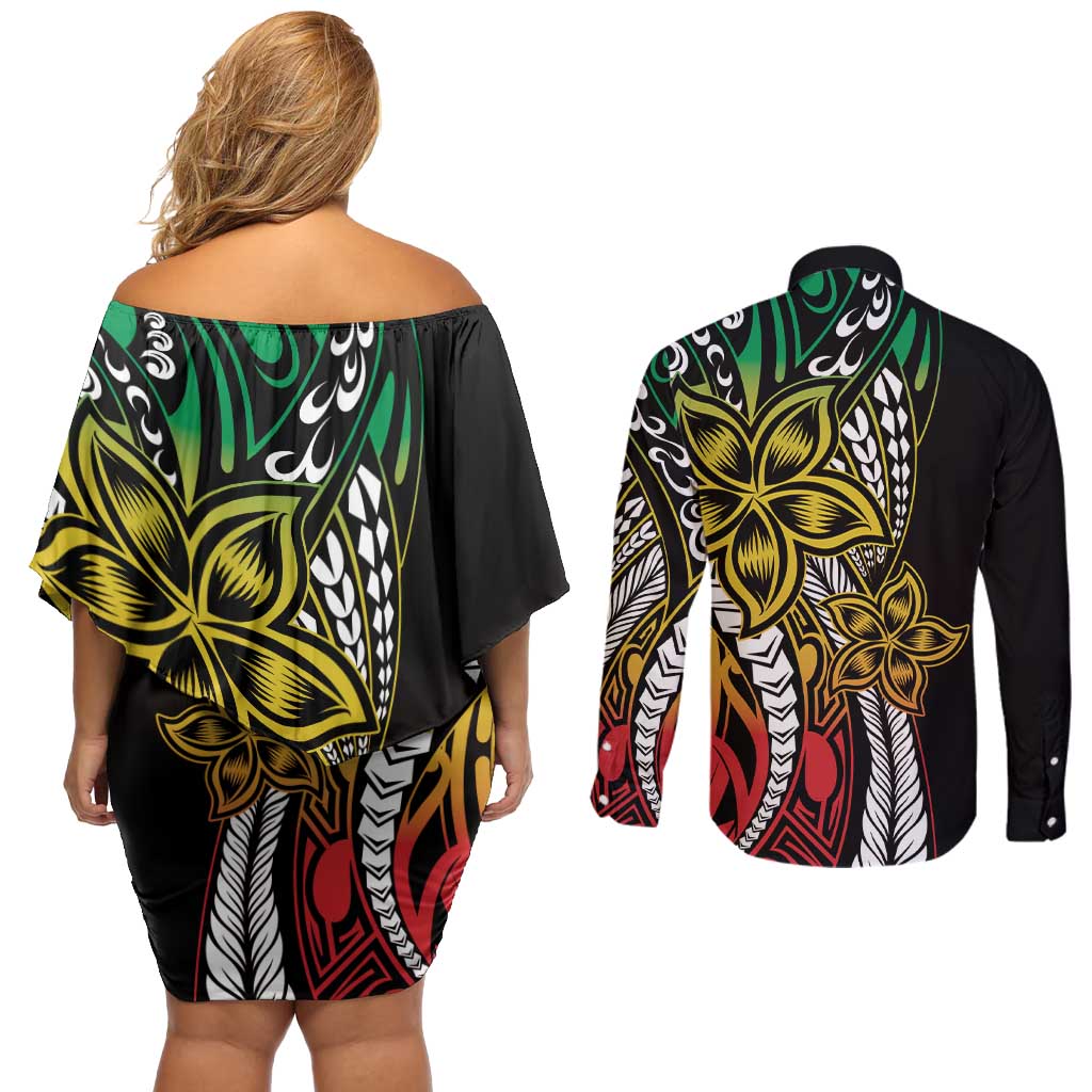 Polynesian Plumeria Floral Tattoo Pattern Couples Matching Off Shoulder Short Dress and Long Sleeve Button Shirt Reggae Style