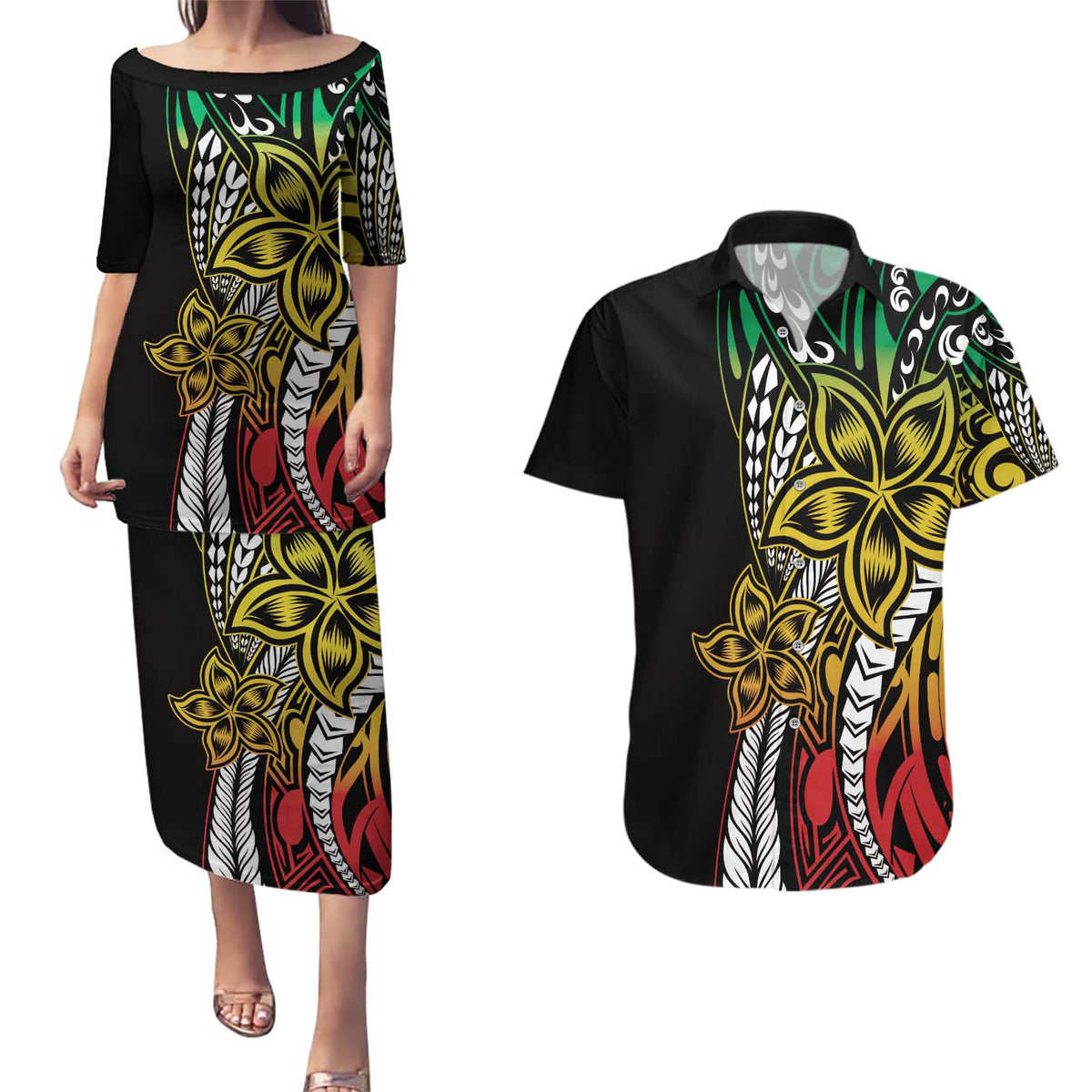 Polynesian Plumeria Floral Tattoo Pattern Couples Matching Puletasi and Hawaiian Shirt Reggae Style