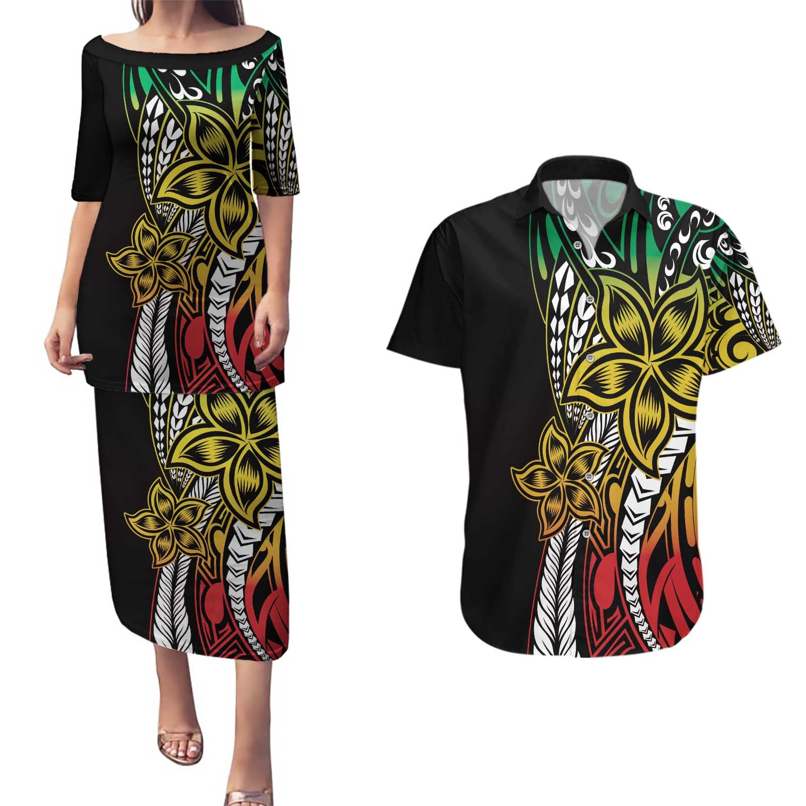Polynesian Plumeria Floral Tattoo Pattern Couples Matching Puletasi and Hawaiian Shirt Reggae Style