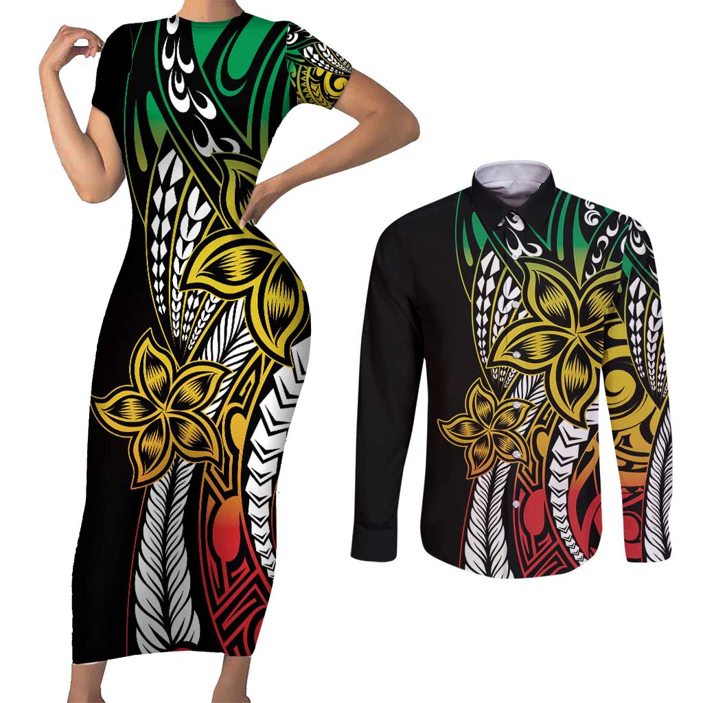 Polynesian Plumeria Floral Tattoo Pattern Couples Matching Short Sleeve Bodycon Dress and Long Sleeve Button Shirt Reggae Style