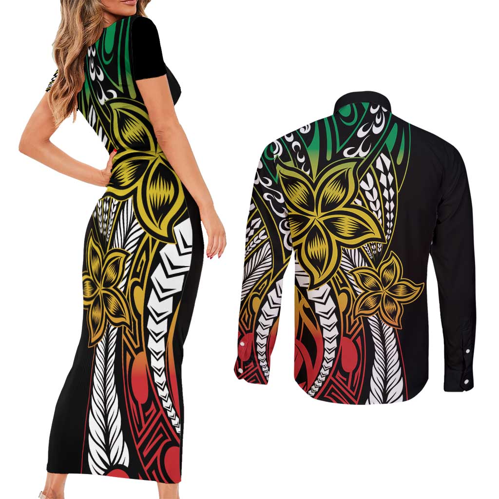 Polynesian Plumeria Floral Tattoo Pattern Couples Matching Short Sleeve Bodycon Dress and Long Sleeve Button Shirt Reggae Style
