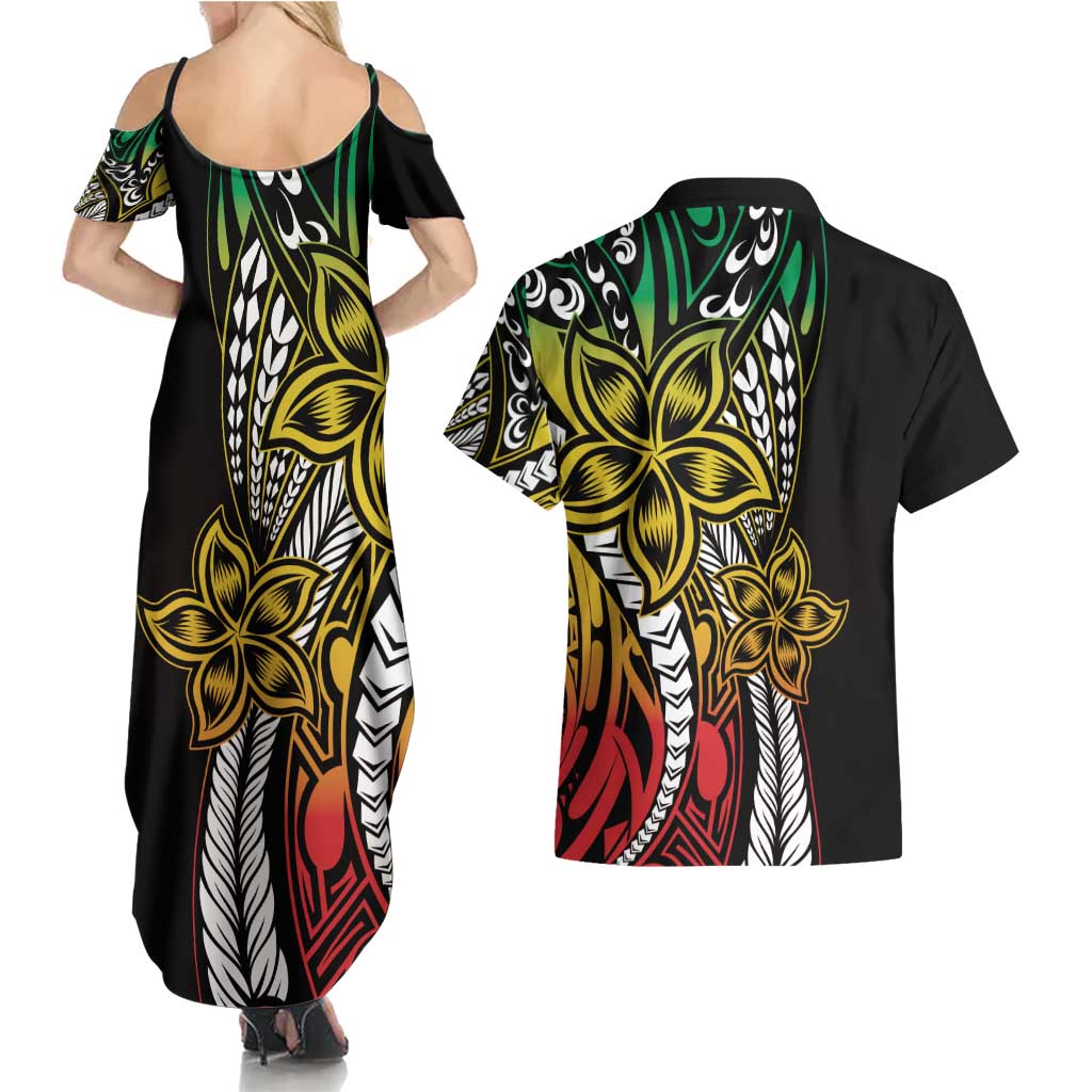 Polynesian Plumeria Floral Tattoo Pattern Couples Matching Summer Maxi Dress and Hawaiian Shirt Reggae Style