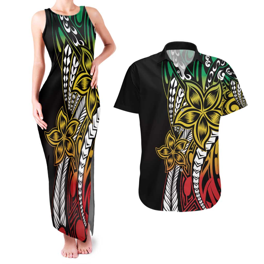 Polynesian Plumeria Floral Tattoo Pattern Couples Matching Tank Maxi Dress and Hawaiian Shirt Reggae Style