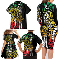 Polynesian Plumeria Floral Tattoo Pattern Family Matching Long Sleeve Bodycon Dress and Hawaiian Shirt Reggae Style LT9 - Polynesian Pride