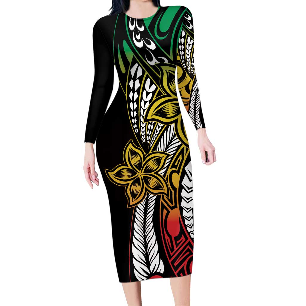 Polynesian Plumeria Floral Tattoo Pattern Family Matching Long Sleeve Bodycon Dress and Hawaiian Shirt Reggae Style LT9 Mom's Dress Reggae - Polynesian Pride