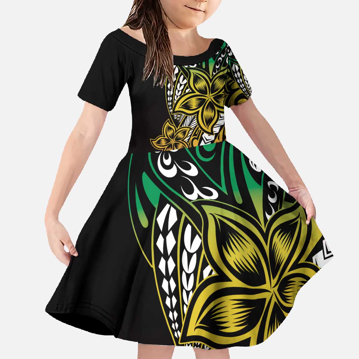 Polynesian Plumeria Floral Tattoo Pattern Family Matching Off The Shoulder Long Sleeve Dress and Hawaiian Shirt Reggae Style LT9 Daughter's Dress Reggae - Polynesian Pride