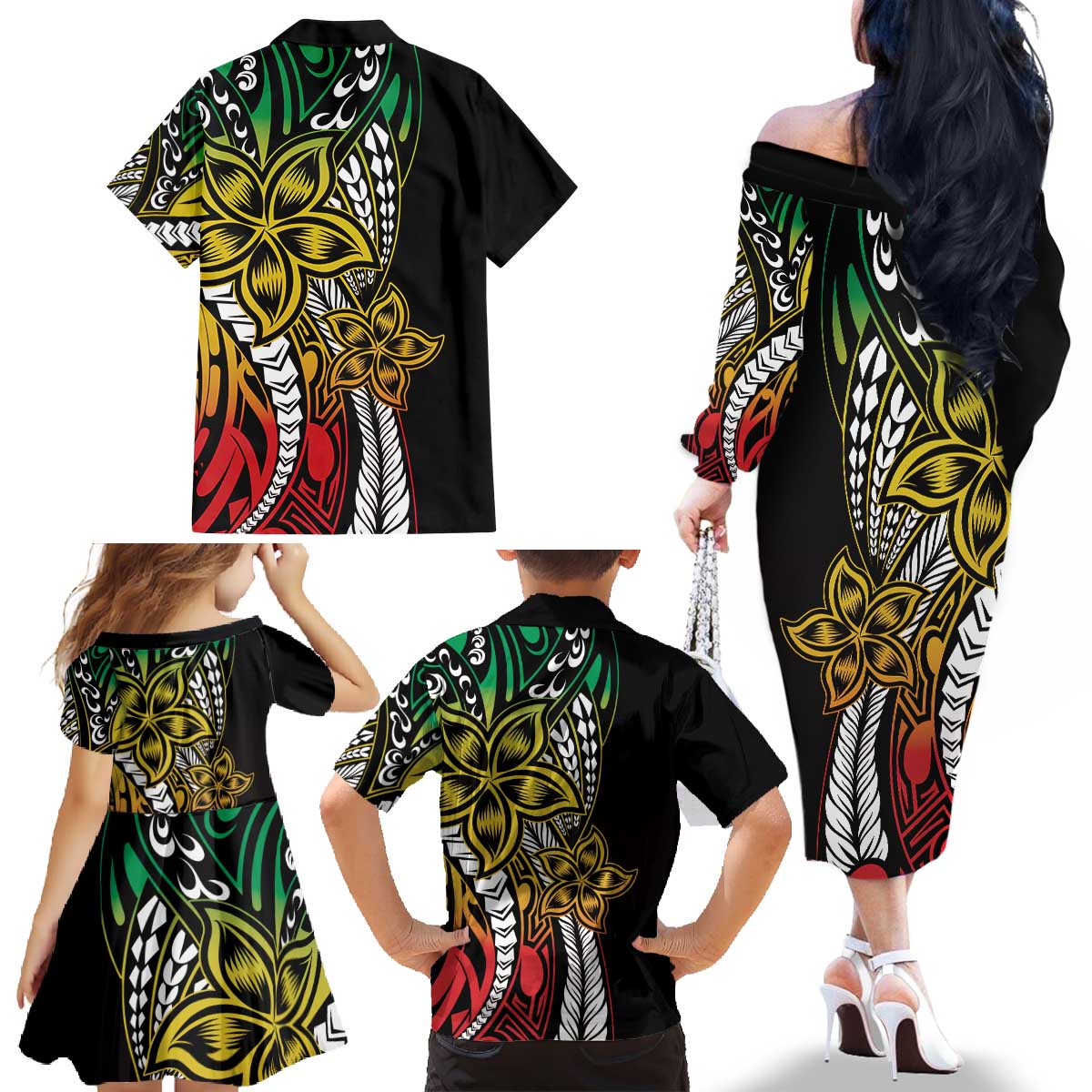 Polynesian Plumeria Floral Tattoo Pattern Family Matching Off The Shoulder Long Sleeve Dress and Hawaiian Shirt Reggae Style LT9 - Polynesian Pride