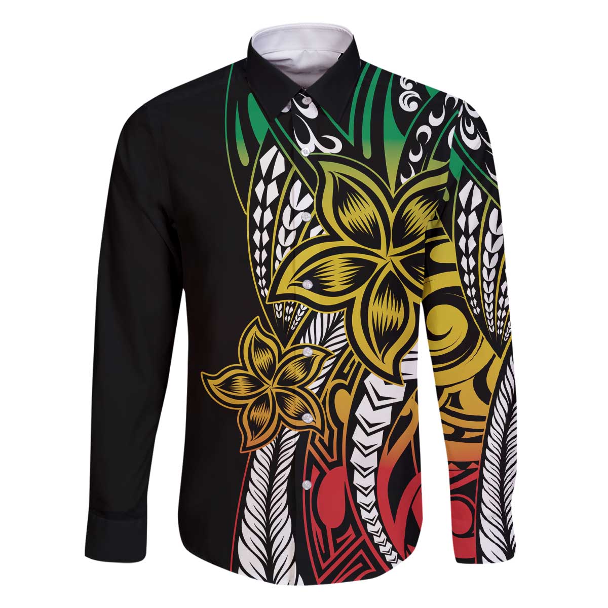 Polynesian Plumeria Floral Tattoo Pattern Family Matching Off The Shoulder Long Sleeve Dress and Hawaiian Shirt Reggae Style LT9 Dad's Shirt - Long Sleeve Reggae - Polynesian Pride