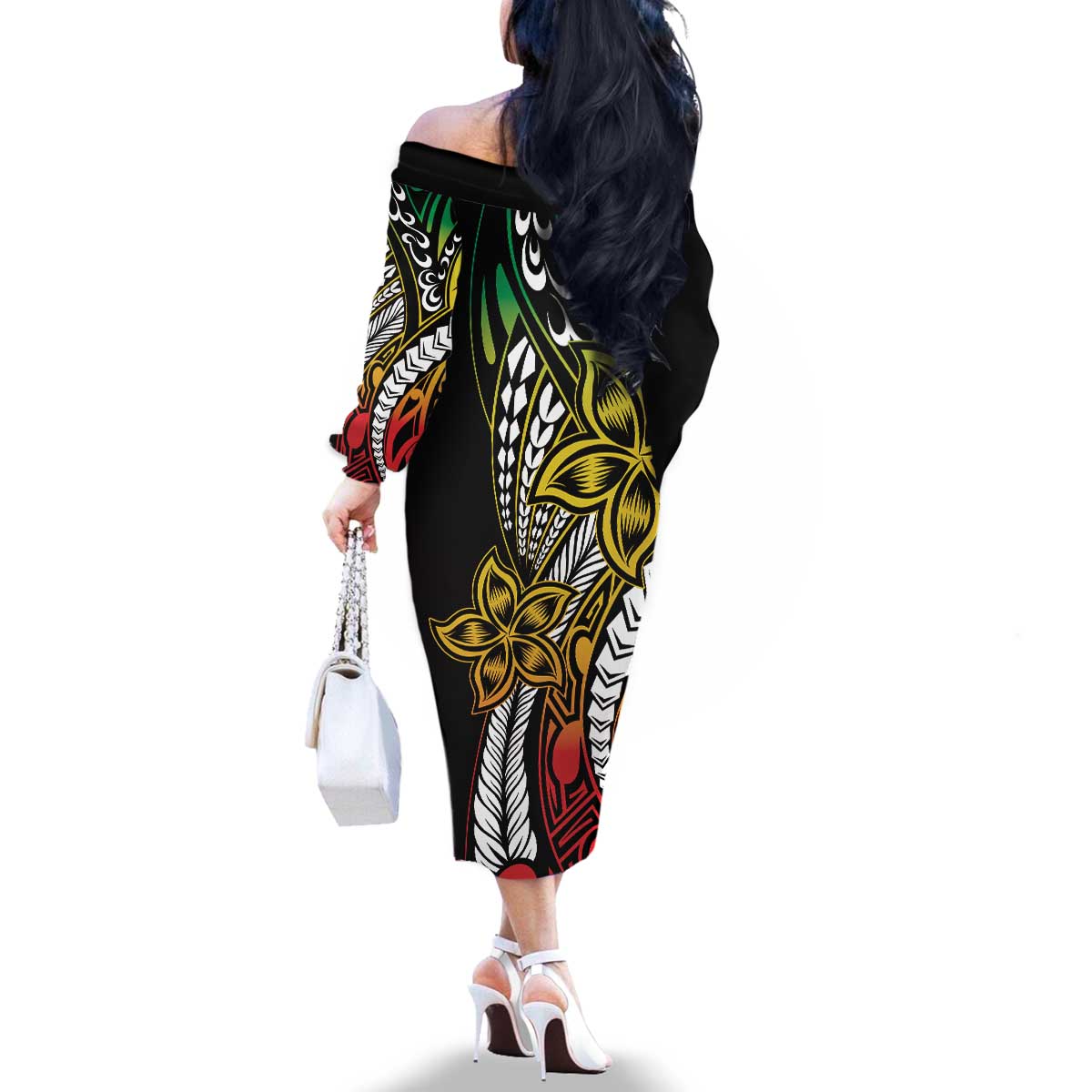 Polynesian Plumeria Floral Tattoo Pattern Family Matching Off The Shoulder Long Sleeve Dress and Hawaiian Shirt Reggae Style LT9 - Polynesian Pride