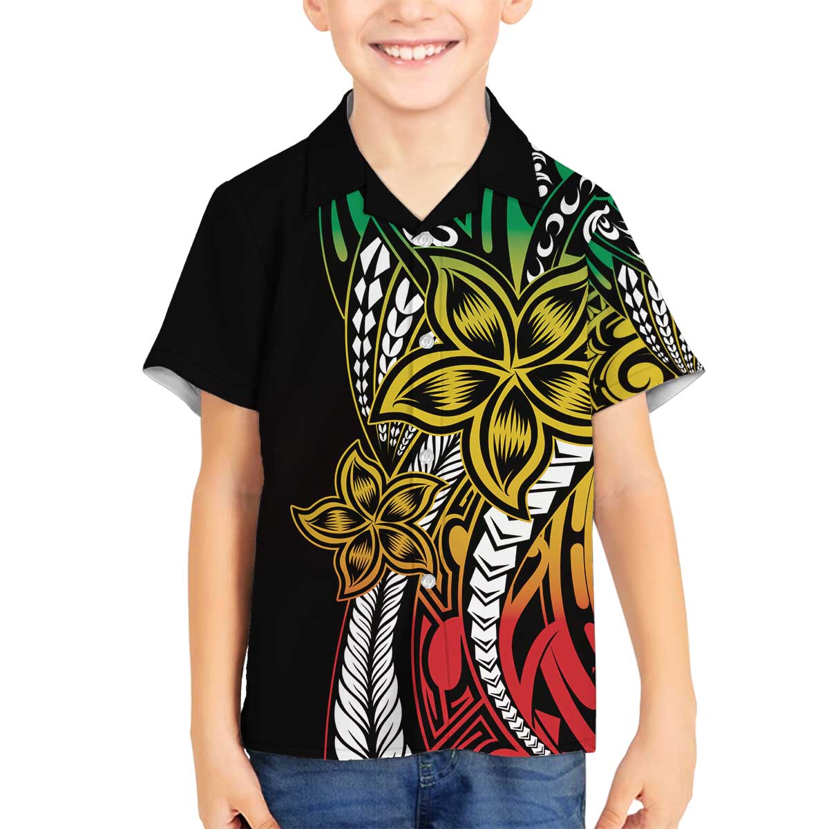 Polynesian Plumeria Floral Tattoo Pattern Family Matching Off The Shoulder Long Sleeve Dress and Hawaiian Shirt Reggae Style LT9 Son's Shirt Reggae - Polynesian Pride