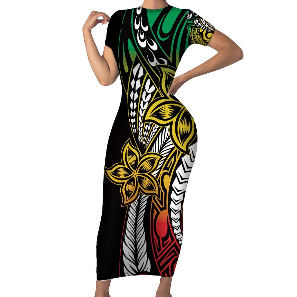 Polynesian Plumeria Floral Tattoo Pattern Family Matching Short Sleeve Bodycon Dress and Hawaiian Shirt Reggae Style LT9 Mom's Dress Reggae - Polynesian Pride