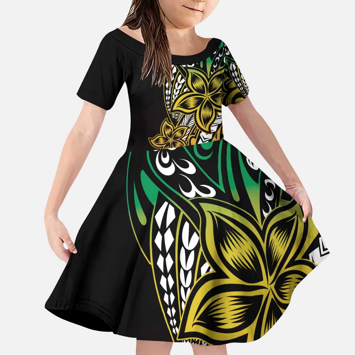 Polynesian Plumeria Floral Tattoo Pattern Kid Short Sleeve Dress Reggae Style LT9 KID Reggae - Polynesian Pride