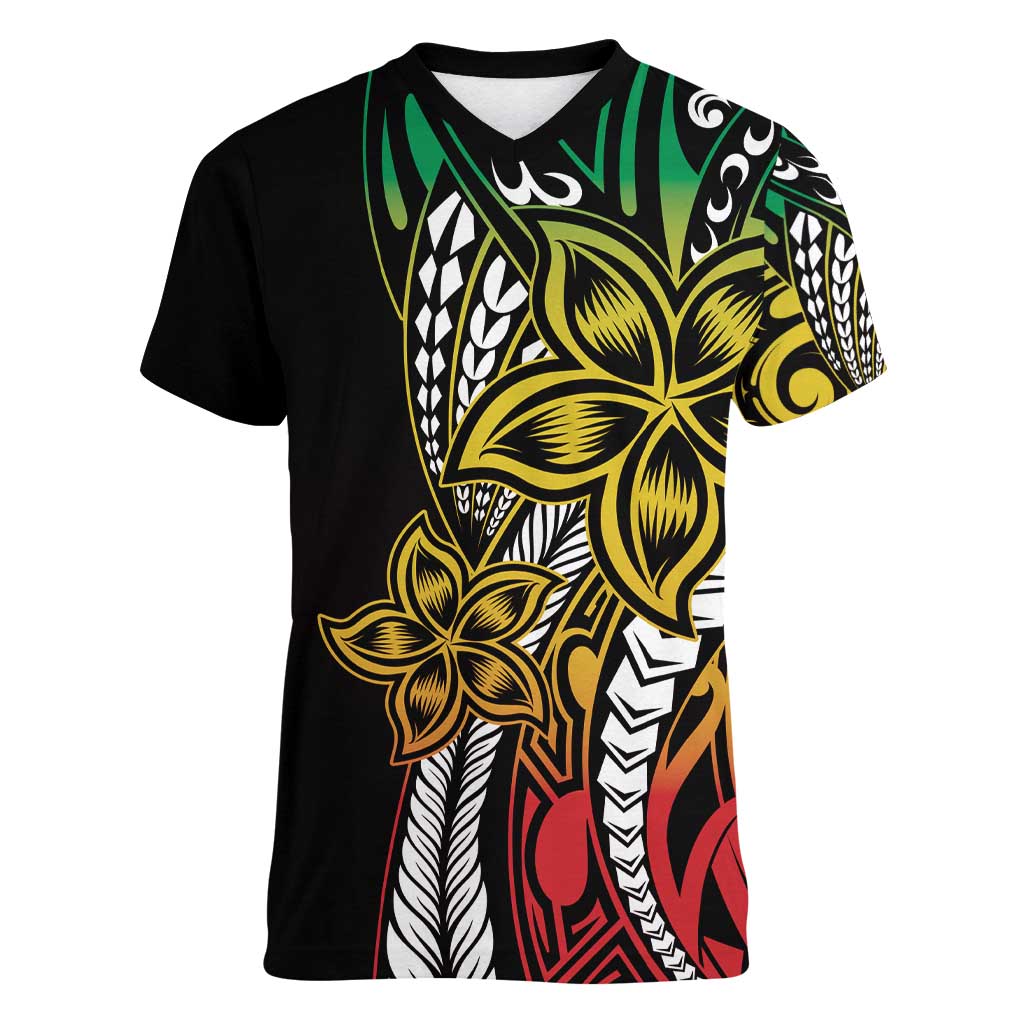 Polynesian Plumeria Floral Tattoo Pattern Women V-Neck T-Shirt Reggae Style