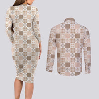 Hawaiian Palaka Quilt Pattern Couples Matching Long Sleeve Bodycon Dress and Long Sleeve Button Shirt Hawaii Culture Bird of Paradise Exotic Motif LT9 - Polynesian Pride